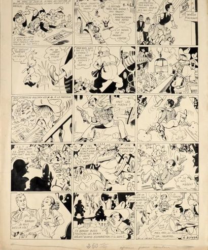 GIRE, Eugène Les aventures de R. Hudi. Planche en 5 strips (Format: 44,5x37 cm) signée...