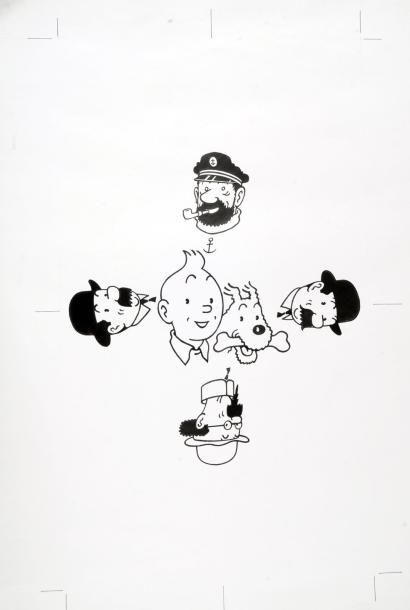 HERGE (STUDIOS) Tintin, Milou, Haddock, Dupond, Dupont et Tournesol. Encre de Chine...