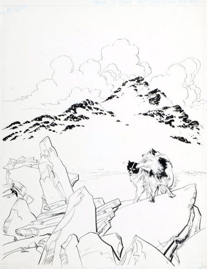 ROSSI, Christian Deux chiens en montagne. Illustration à l'encre chine parue en fond...