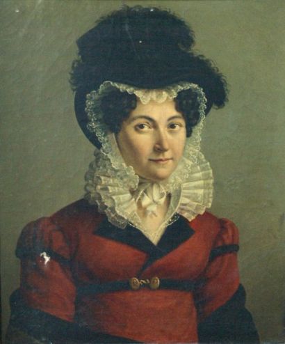 École Française, circa 1820. Jeune femme au chapeau. Huile sur toile.Cadre en bois...