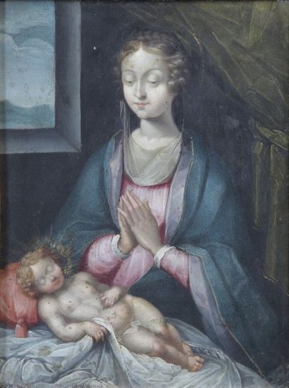 École Flamande, vers 1620. Vierge à l'enfant. Huile sur panneau de cuivre. 22 x 17...