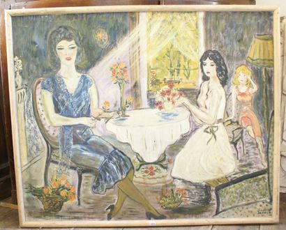 Arnold SIMAEY (XXe siècle). Jeunes femmes au salon. Huile sur toile, signée en bas...