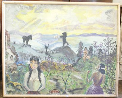 Arnold SIMAEY (XXe siècle). Paysage aux chevaux. Huile sur toile, signée en bas à...