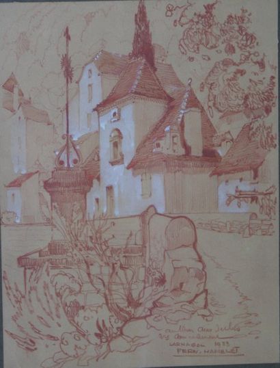 Fernand HAMELET (XXe siècle). Dessin à la sanguine représentant une maison à Larnagol,...
