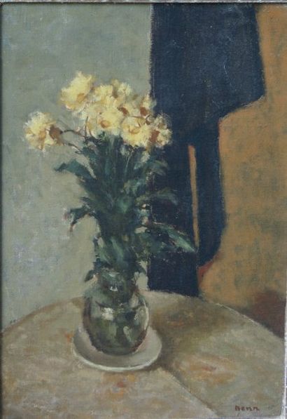 BENN (XXe siècle). Fleurs dans un vase. Huile sur toile, signée en bas à droite....