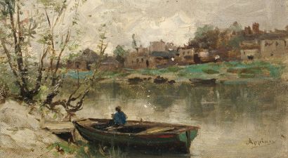 Adolphe APPIAN, Jacques Barthélémi dit (1818 - 1898). Pêcheurs dans une barque, Bord...