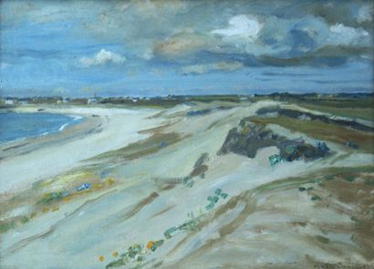 André DAUCHEZ (1870 - 1948). Dunes et plage. Huile sur papier, signée en bas à droite....