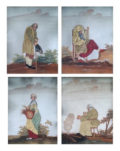 null Quatre gouaches brodées habillées, représentant des scènes paysannes, fin XVIIIe...