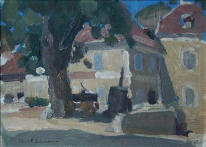 Charles-Auguste EDELMANN (1879 - 1950). Place de Larnagol sous le vieil orme. Huile...