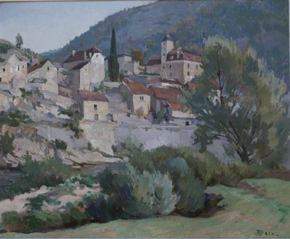 Marcel BACH (1879 ? 1950). Le village de Larnagol. Huile sur carton, signée en bas...
