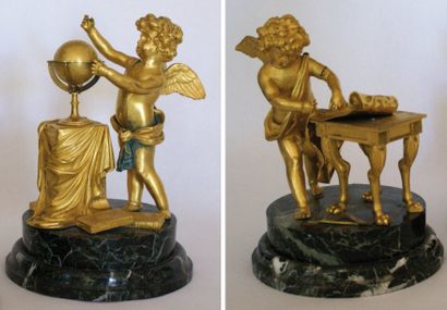 null Deux sujets en bronze doré, Allégorie des Arts et des Sciences, reposant sur...