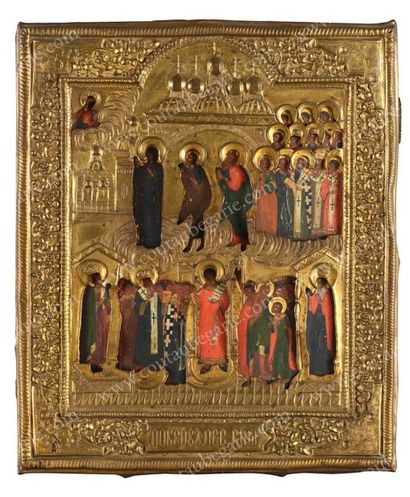 null POKROV DE LA VIERGE MARIE. Tempera sur bois, conservée sous riza en cuivre repoussé,...