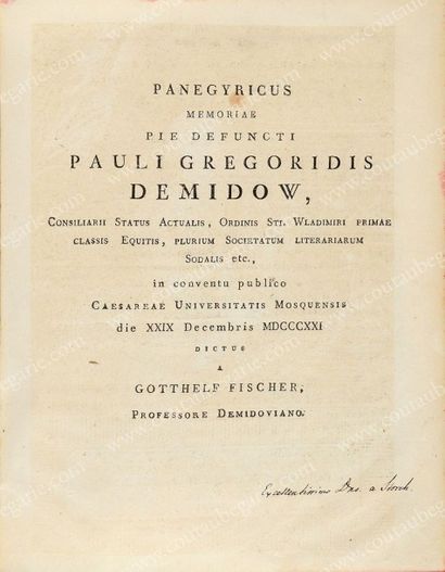 [DEMIDOFF Paul] Panagyricus Memoriae Pie Defuncti Pauli Gregoridis Demidoff, publié...
