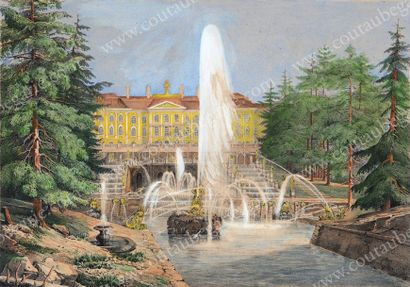 École Française du XIXe siècle La Grande Fontaine à Peterhof. Lithographie d'après...