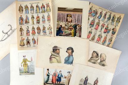 École RUSSE du XIXe siècle Ensemble de 9 gravures et lithographies colorées intitulées:...
