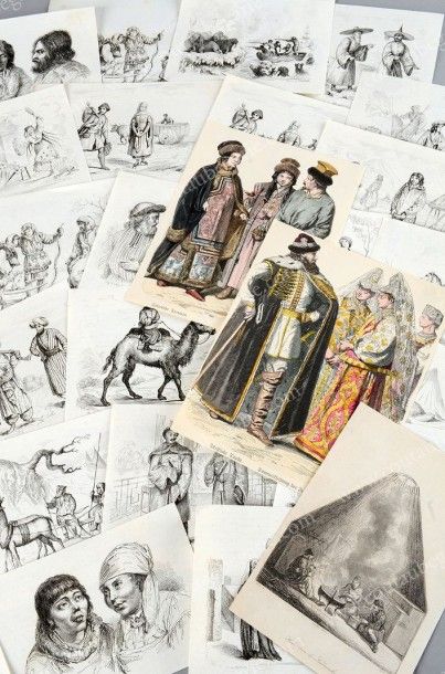 École RUSSE du XIXe siècle Ensemble de 40 petites gravures découpées, représentant...