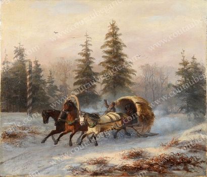 VERNET Pierre Marie (1797-1873) Troïka sous la neige en forêt. Huile sur toile signée...