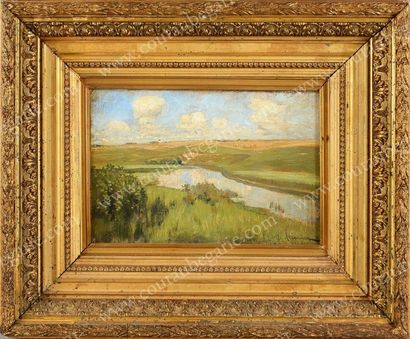 LEVITAN Isaac Liitch (1860-1900) Scène d'un bord de fleuve. Huile sur toile, signée...