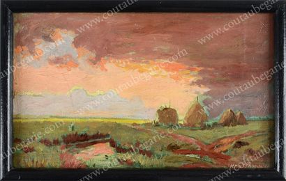KRATSCHKOWSKI Joseph (1854-1918) Coucher de soleil sur les champs. Huile sur panneau...