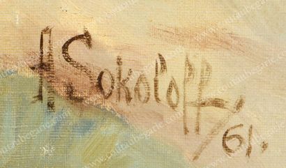 SOKOLOFF Anatoli (1891-1971) Troïka au galop dans un décor de neige. Huile sur toile...
