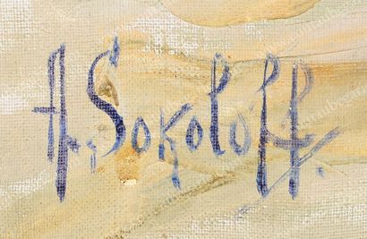 SOKOLOFF Anatoli (1891-1971) Troïka au galop dans un décor de neige. Huile sur toile...
