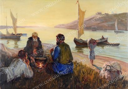 SOKOLOFF Anatoli (1891-1971) Pêcheurs au bord d'un fleuve au coucher de soleil. Huile...