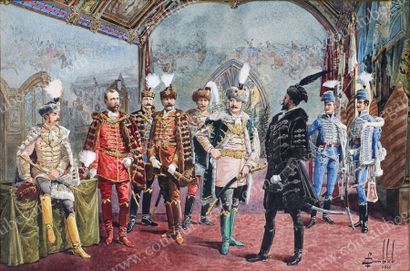 BOMBLED Louis-Charles (1862-1927) L'empereur Nicolas II en tenue magyar, recevant...