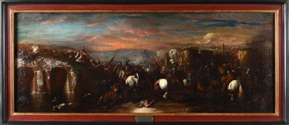 Attribué à Pandolfo RESCHI (1634 - 1696) Choc de cavalerie près d'un château fort...