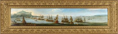 Attribué à Orazio GREVENBROECK (1670-1730) Navires dans un port méditerranéen Panneau...
