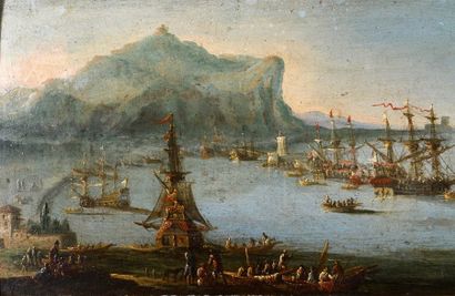 Attribué à Orazio GREVENBROECK (1670-1730) Navires dans un port méditerranéen Panneau...