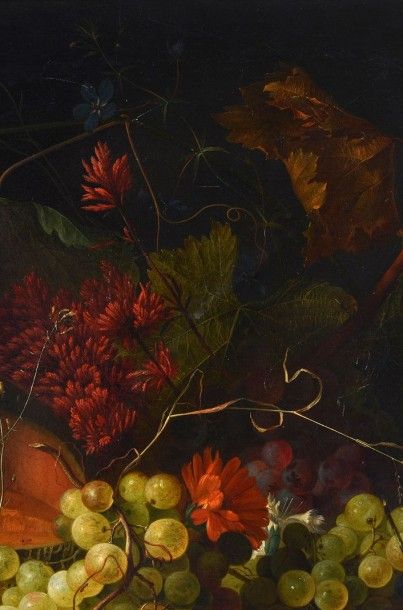 École hollandaise vers 1800, suiveur de Jan van HUYSUM Nature morte aux pêches, raisins,...