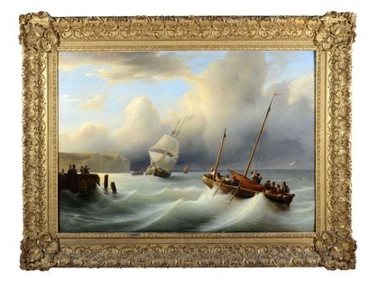 Théodore GUDIN (1802- 1880) Navires sur une mer agitée Toile 109,5 x 155 cm Signé...