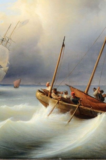 Théodore GUDIN (1802- 1880) Navires sur une mer agitée Toile 109,5 x 155 cm Signé...