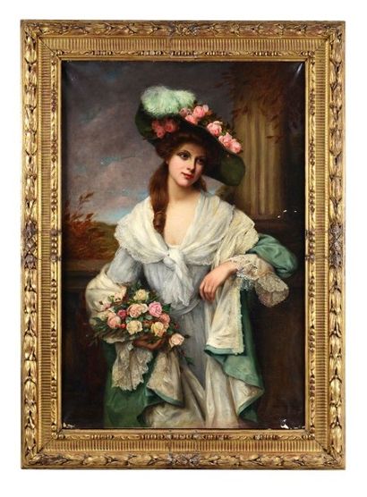 François MARTIN-KAVEL (1861-1931) Portrait de jeune femme aux roses. Huile sur toile....