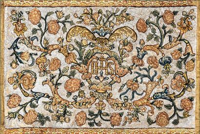 null Antependium, XVIIe siècle, chiffre IHS au centre de rinceaux d'acanthe fleuris...