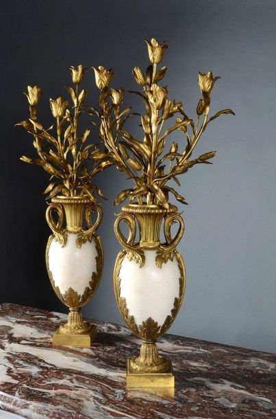 null Paire de vases ovoïdes en marbre blanc à monture de bronze doré à motif de feuilles...