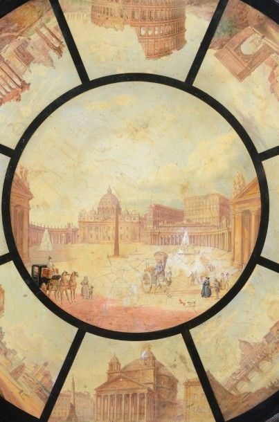null Rare plateau circulaire en scagliola, à décor de neuf vues de Rome: au centre...