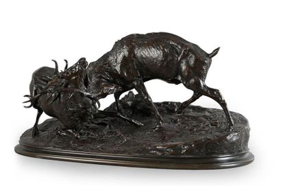 Pierre Jules MENE (1831 - 1897) Le combat de cerfs. Bronze à patine brune signé sur...