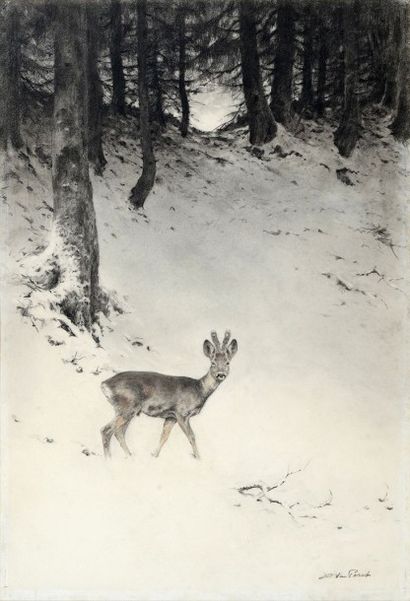 Xavier de PORET (1897 - 1975) Chevreuil dans la neige. Dessin avec rehaut de couleur....