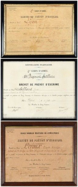 null Ensemble de 3 brevets de Prévôt d'escrime attribués au Sieur Leroux en 1879,...