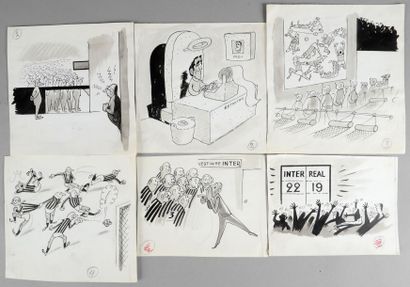 PELLOS (1900-1998) Ensemble de 8 dessins originaux à l'encre. «La Coupe d'Europe...