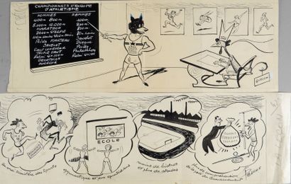 PELLOS (1900-1998) Ensemble de 2 dessins originaux à l'encre. «La Leçon». Parus dans...