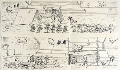 PELLOS (1900-1998) Ensemble de 2 dessins originaux à l'encre. «Le Foot et le Rugby...