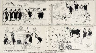 PELLOS (1900-1998) Ensemble de 2 dessins originaux à l'encre. «Expressions sportives...