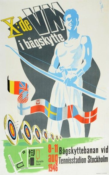 null Affiche des Xe Championnats du Monde de tir à l'arc en 1946 à Stockholm en Suède....