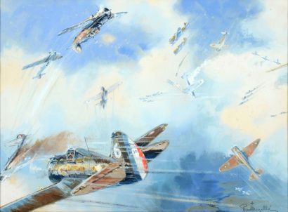 Lengellé Paul (1908-1993) Aquarelle (gouachée) sur papier. «Curtiss H 75 Hawk en...