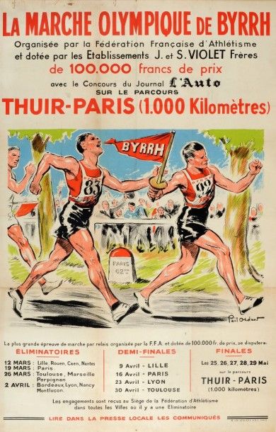 null Affiche. «La Marche Olympique de Byrrh» organisée par la FFA. Vers 1930. Superbe...
