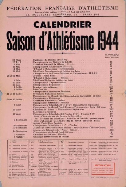 null Affiche de la Fédération Française d'Athlétisme. Calendrier de la saison 1944....