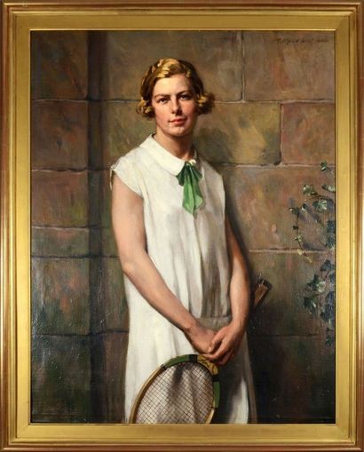 T.Alfred West (1864-1947) Peintre anglais. Huile sur toile. «Jeune femme à la raquette»...