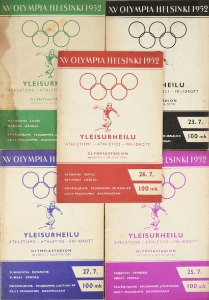 1952. Helsinki Ensemble de 5 programmes des Jeux d'été pour les épreuves d'athlétisme....